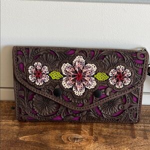 Floral Embroidered Beaded Brown Tooled Leather Wristlet